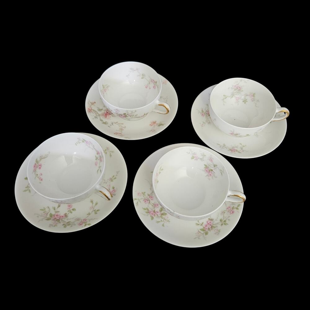 Theodore Haviland Limoges Tea Cups Saucers Pink Floral Gold Trim Set 4